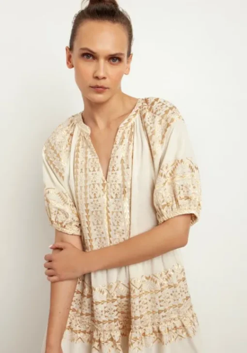 New Greek Archaic Kori Mini Dress with Triangle Embroidery Natural