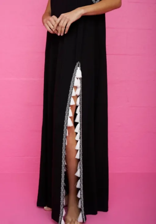 New Pitusa Monochrome Tassel Slit Dress Black