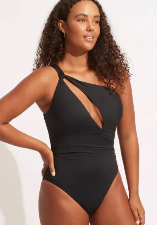 Online Seafolly One Shoulder Cut Out Swimsuit Black