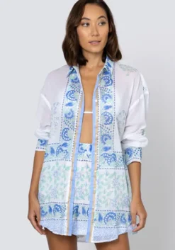 Fashion Juliet Dunn Paisley Block Print Shirt Periwinkle