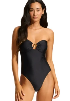 New Seafolly Palermo Ring Front Bandeau Swimsuit Black
