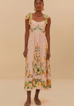 Outlet Farm Rio Pink Botanical Beauty Laces Midi Dress BotanicalBeautyPink