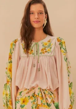 Online Farm Rio Pink Botanical Beauty Long Sleeve Blouse BotanicalBeautyPink