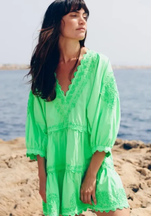 Sale Juliet Dunn Poplin V Neck Mini Dress Apple