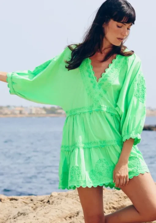Sale Juliet Dunn Poplin V Neck Mini Dress Apple