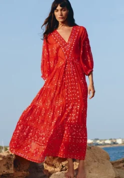 Sale Juliet Dunn V Neck Mosaic Maxi Dress Red