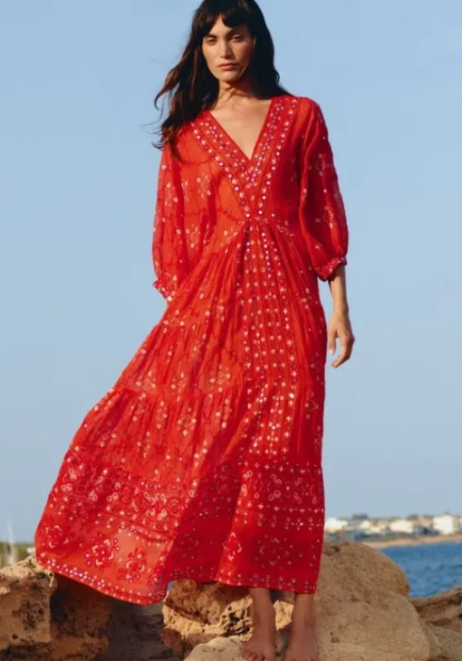 Sale Juliet Dunn V Neck Mosaic Maxi Dress Red