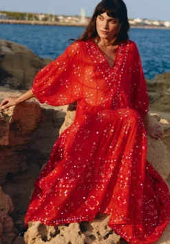 Sale Juliet Dunn V Neck Mosaic Maxi Dress Red