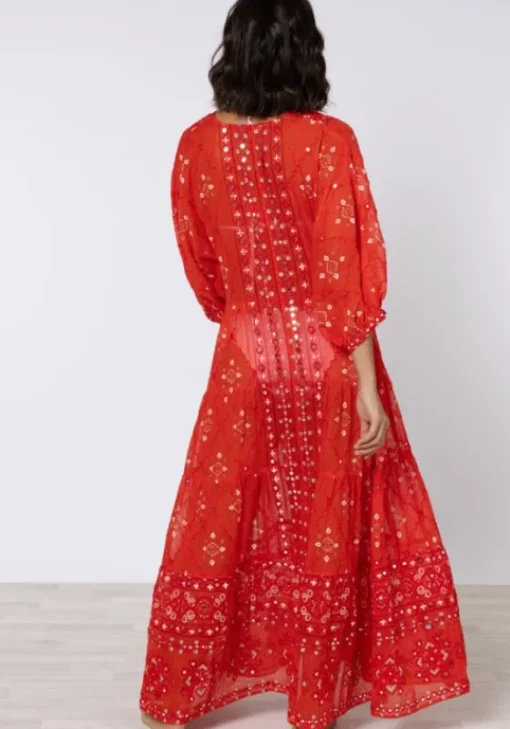 Sale Juliet Dunn V Neck Mosaic Maxi Dress Red