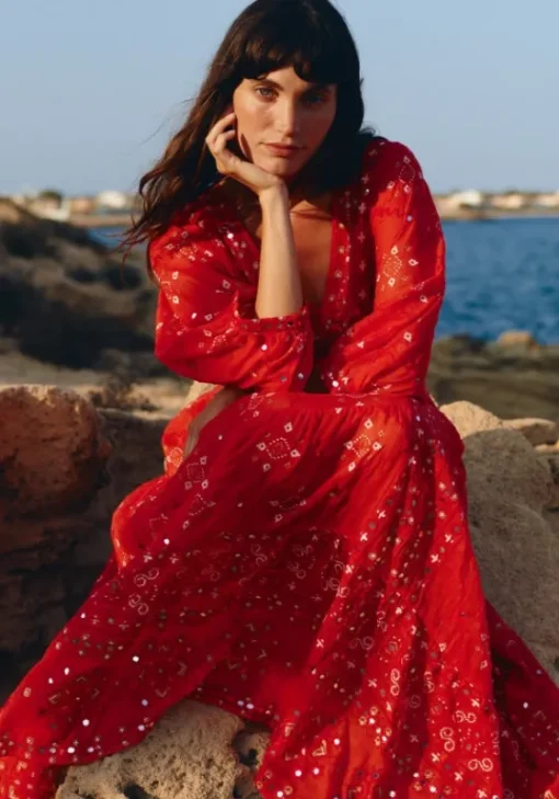 Sale Juliet Dunn V Neck Mosaic Maxi Dress Red