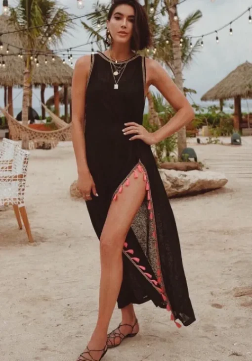 Fashion Pitusa Tassel Slit Dress Black