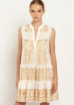 Best Greek Archaic Kori Triangle Embroidered Sleeveless Dress Natural