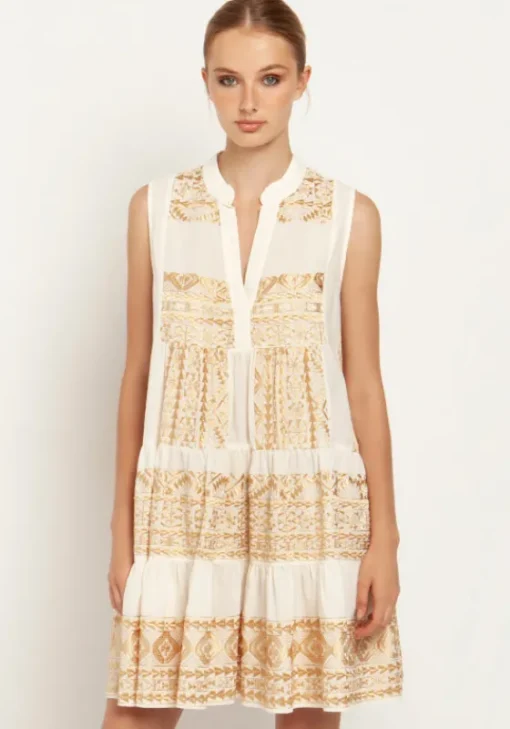 Best Greek Archaic Kori Triangle Embroidered Sleeveless Dress Natural