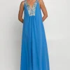Discount Greek Archaic Kori Triangle V Neck Maxi Dress Blue