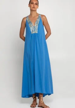 Discount Greek Archaic Kori Triangle V Neck Maxi Dress Blue