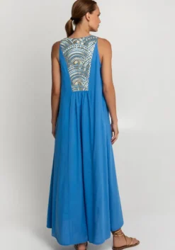 Discount Greek Archaic Kori Triangle V Neck Maxi Dress Blue
