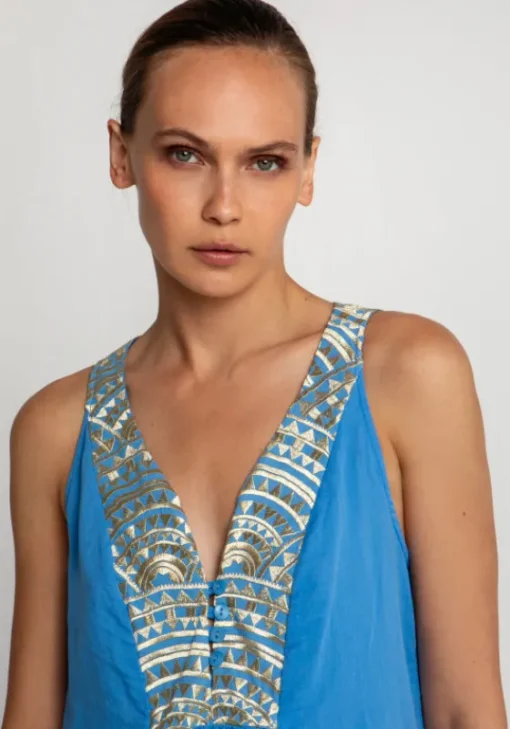 Discount Greek Archaic Kori Triangle V Neck Maxi Dress Blue