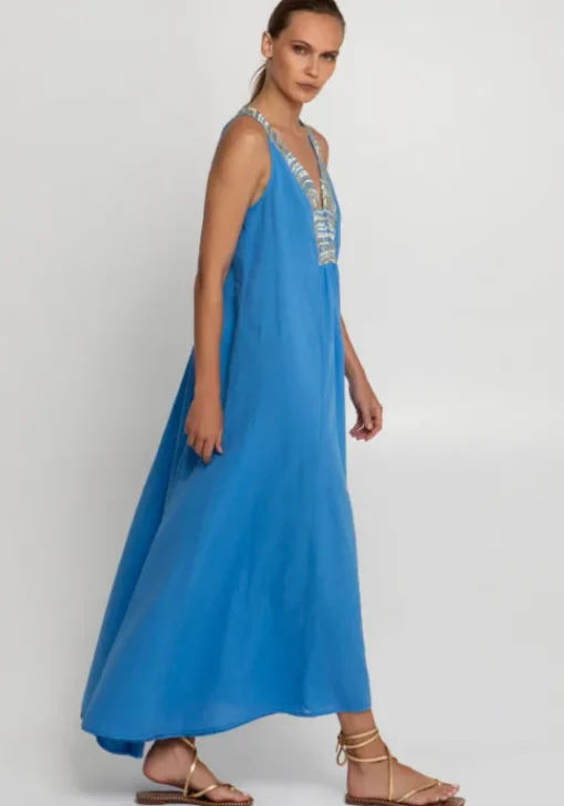 Discount Greek Archaic Kori Triangle V Neck Maxi Dress Blue